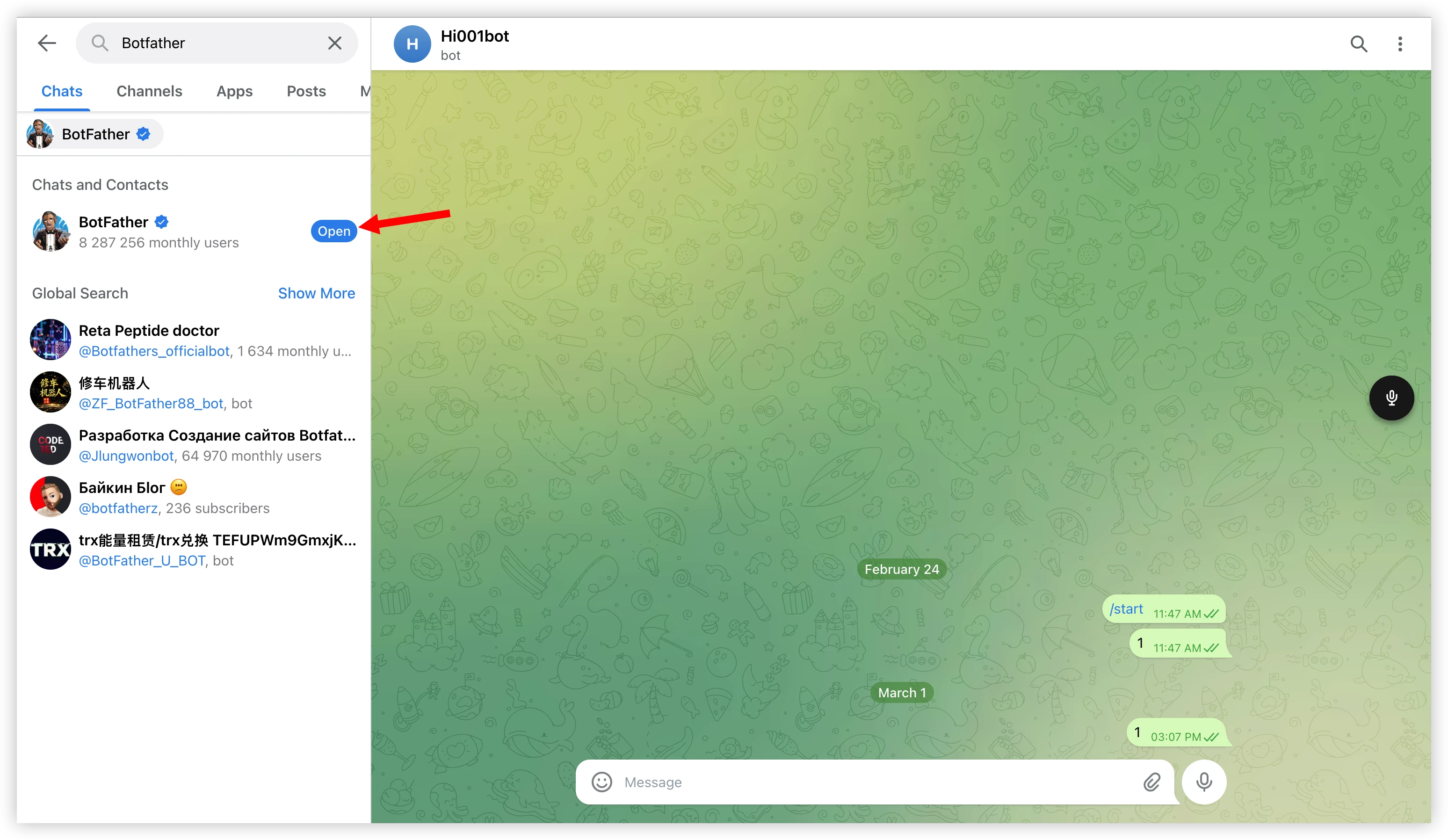 Search and open BotFather